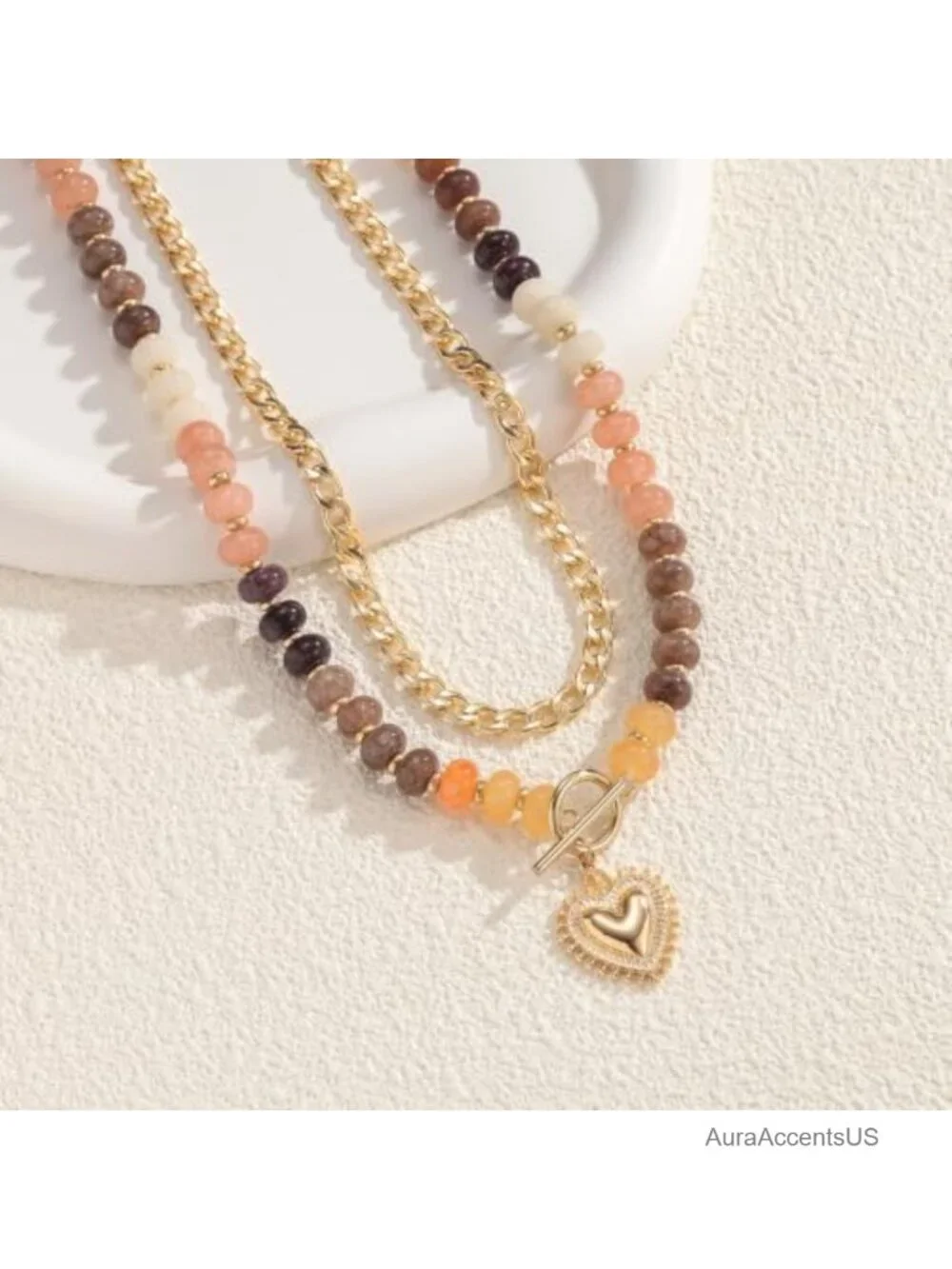 Layered Natural Stone Beaded Necklace Set Heart Charm